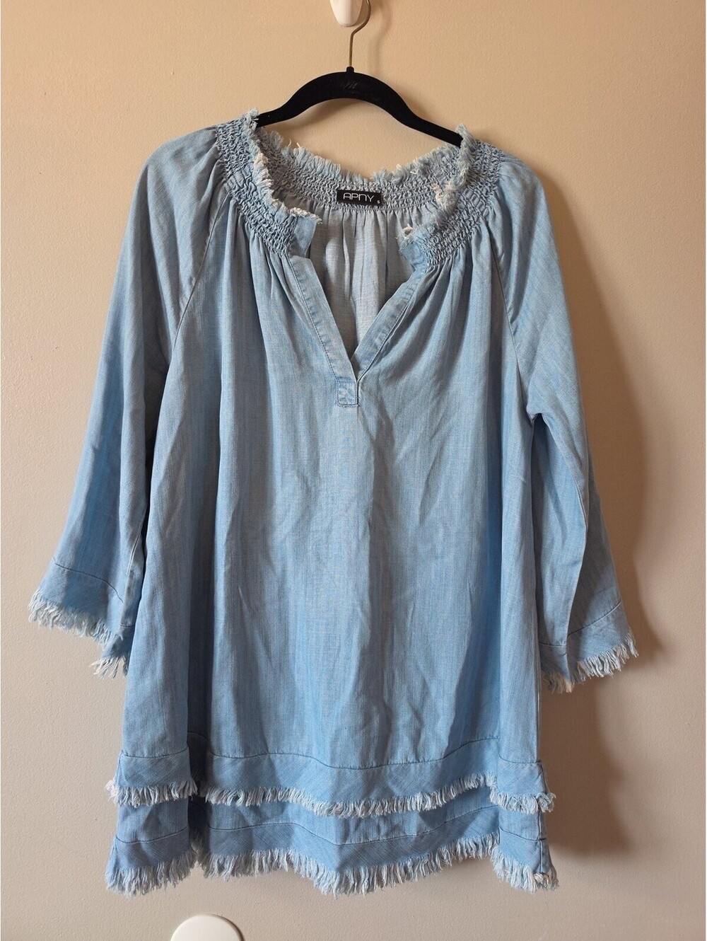 APNY Womens Denim Type Tunic Top Sz small Blue Flowy Classic Minimal Raw Hem